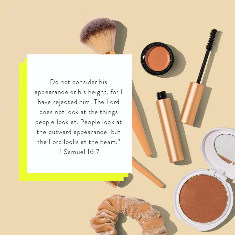 1 Samuel 16:7, the Lord looks at the heart, on a card among makeup